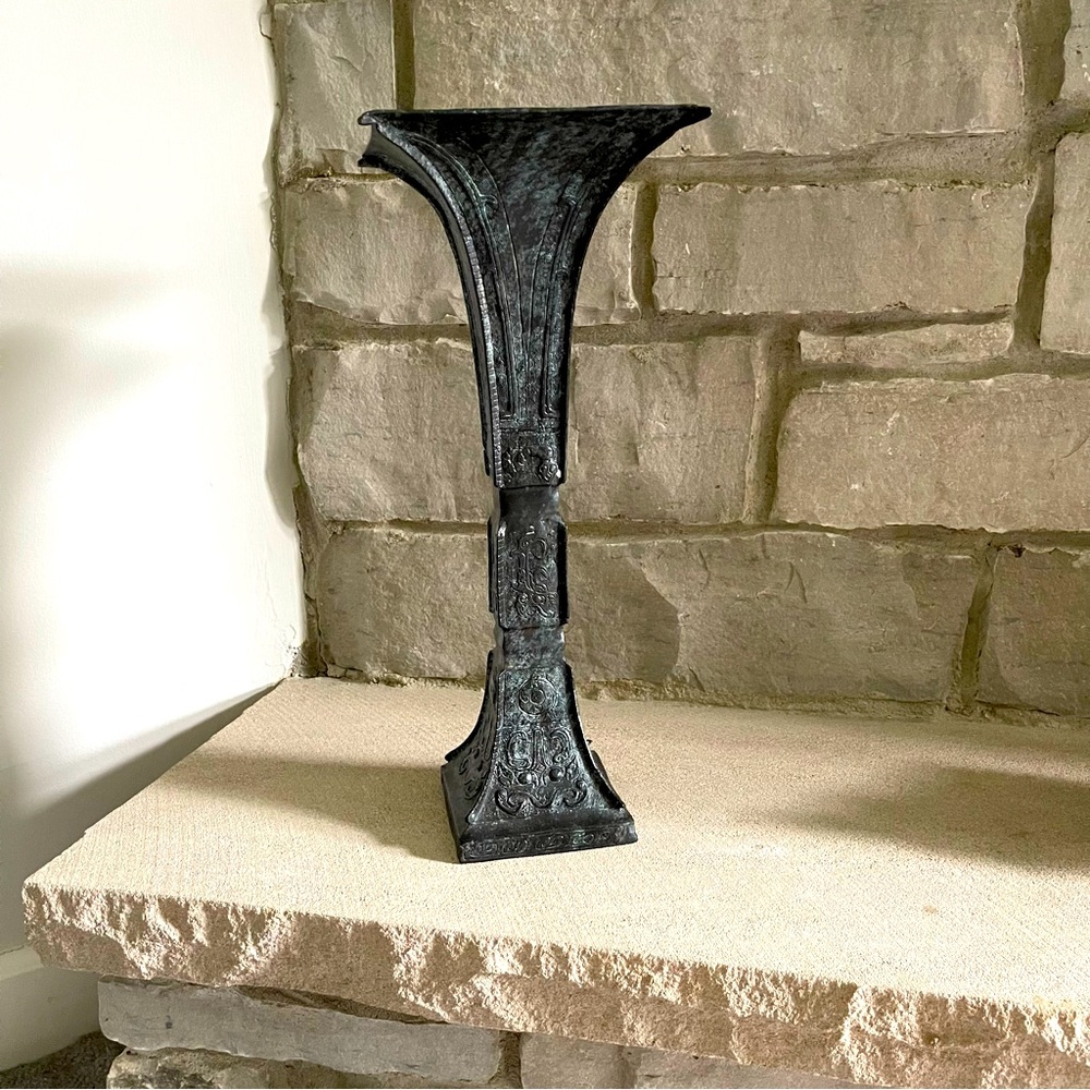 Metal Blue Black unique vase with snake, lizard and mask